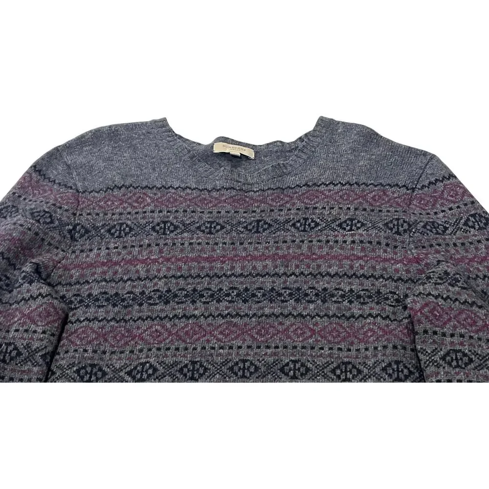 BURBERRY LONDON Fair Isle Knit Crewneck Sweater Charcoal Grey Burgundy L